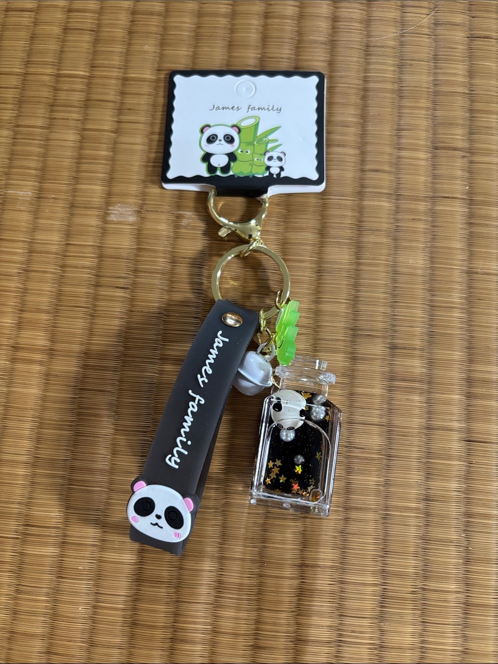 Black Panda Keychain Charm with Clear Bottle Accent